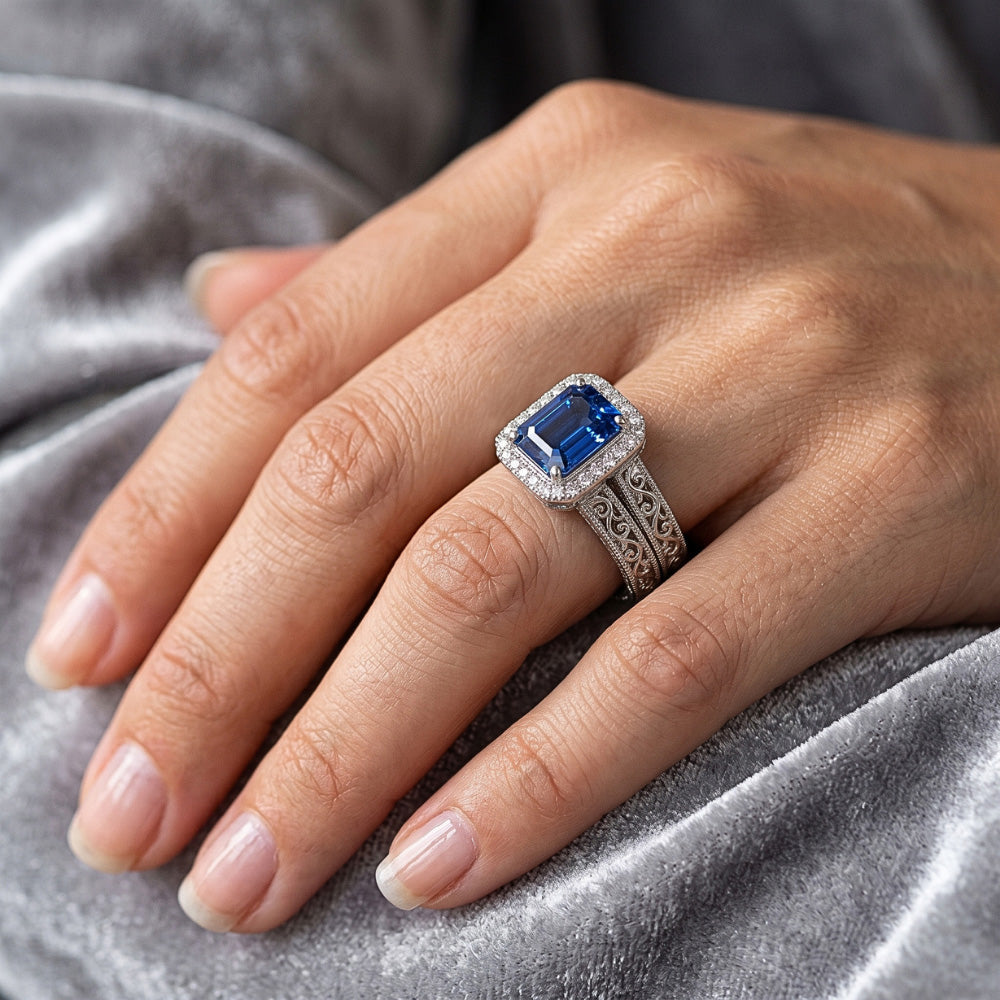 Halo Wedding Ring Set Emerald Blue Sapphire 2.50 Carats Antique Style