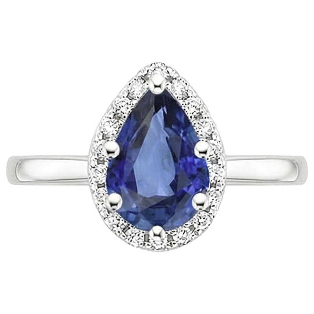 Halo White Gold Ring Pear Blue Sapphire & Natural Earth Mined Diamond ( Not Lab Grown )s 4 Carats