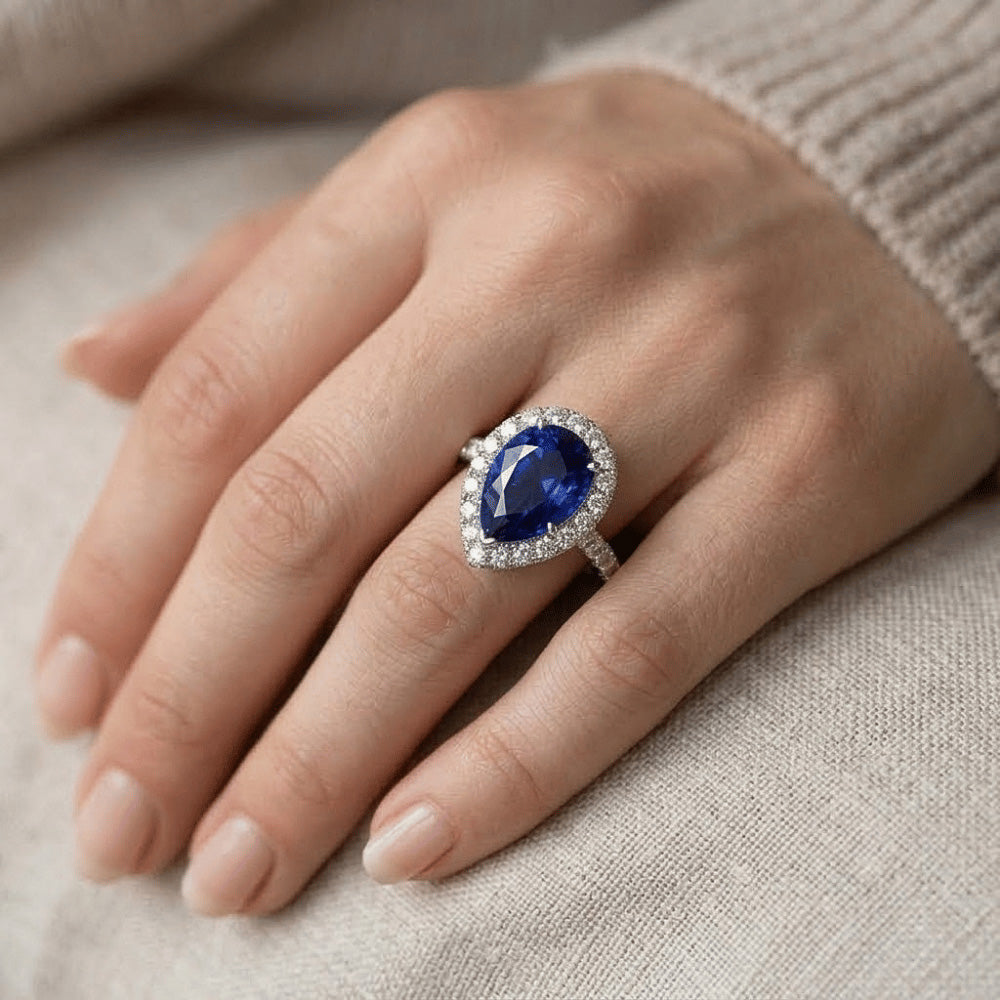 Halo White Gold Ring Pear Sri Lankan Sapphire & Natural Earth Mined Diamond ( Not Lab Grown )s 6 Carats