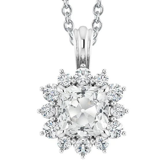 Halo Cushion Old Cut Genuine Diamond Pendant Slide 7 Carats Sunburst Style