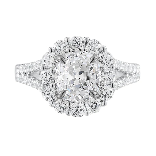 Halo Cushion Real Diamond Old Cut Ring Prong Set 4.75 Carats Split Shank