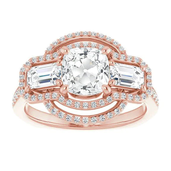Halo Emerald & Cushion Old Cut Genuine Diamond Ring Prong Set 11.50 Carats