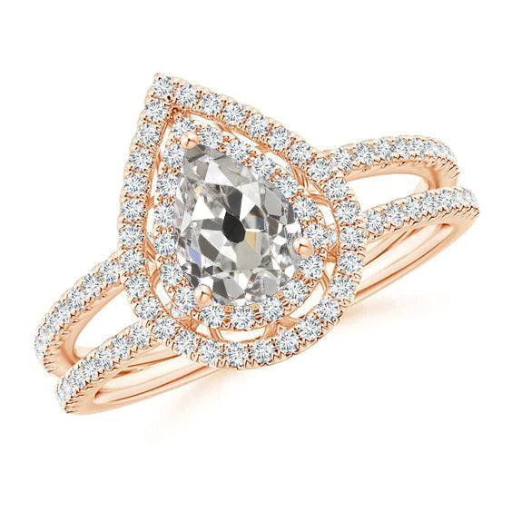 Halo Engagement Ring Pear Old Mine Real Diamond 2.50 Carats Large Cutlet