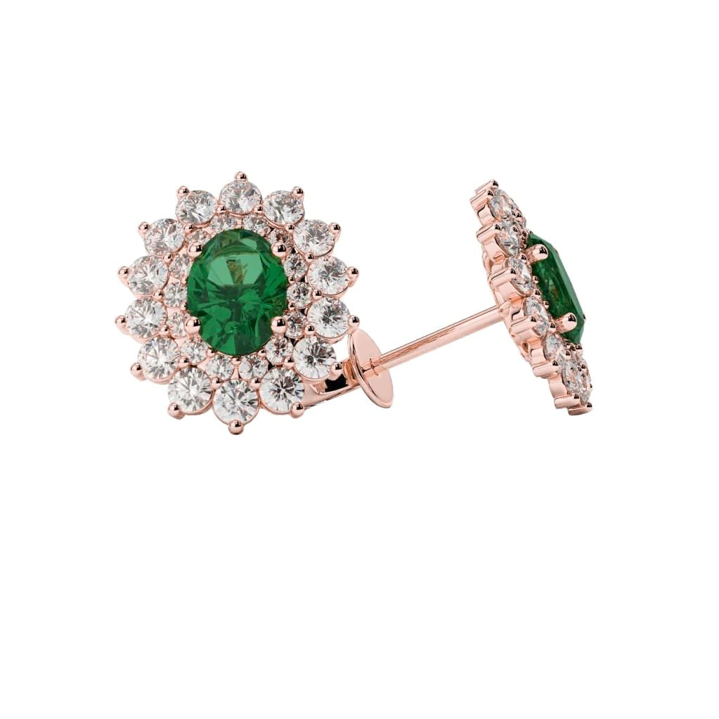 Halo Flower Style Green Emerald And Diamonds Studs Earrings Gold 14K 5.50 Ct