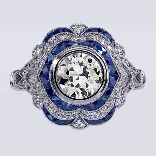 Halo Gemstone Old Miner Bezel Set Real Diamond Sapphire Ring 3.50 Carats