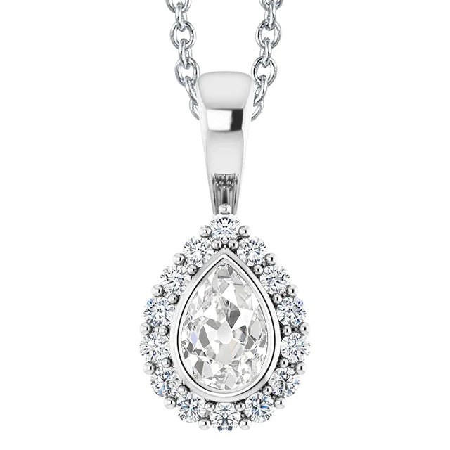 Halo Gold Natural Diamond Pendant Round & Pear Old Miner Bezel Set 5 Carats