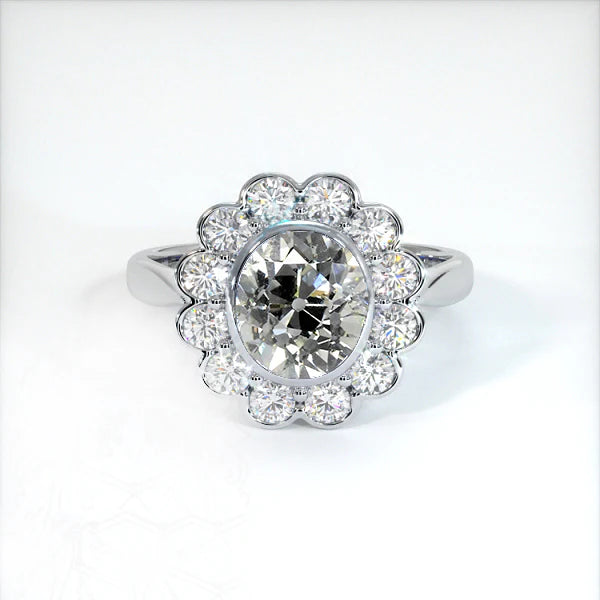 Halo Old Cut Cushion Real Diamond Ring Bezel Set 3.50 Carats Flower Style