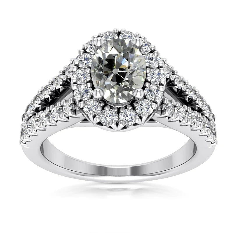 Halo Old Cut Oval & Round Real Diamond Ring Split Shank 5 Carats White Gold