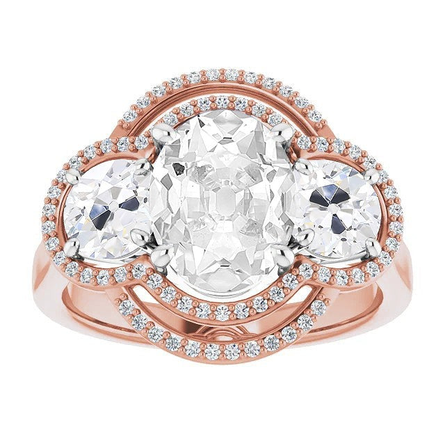 Halo Oval Old Cut Genuine Diamond Ring Prong Set 3 Stone Style 12.50 Carats