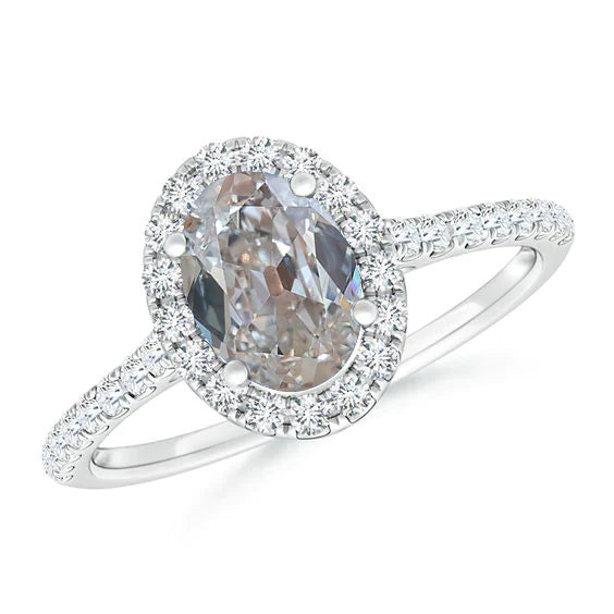 Halo Oval Old Cut Real Diamond Ring 3 Carats With Sparkling Diamond Accents