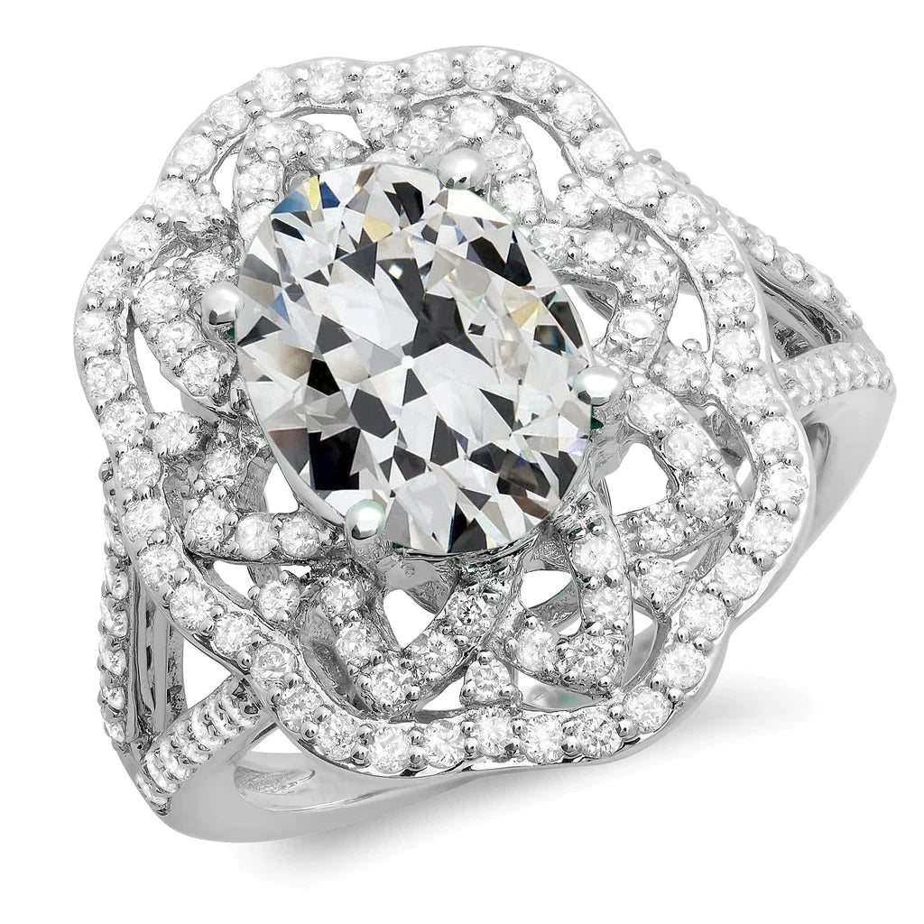Halo Oval Old Mine Cut Real Diamond Ring Flower Split Shank 12 Carats