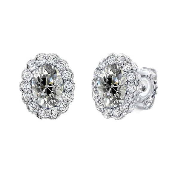 Halo Oval Old Miner Real Diamond Stud Earrings 7 Ct Flower Style Gold Backs