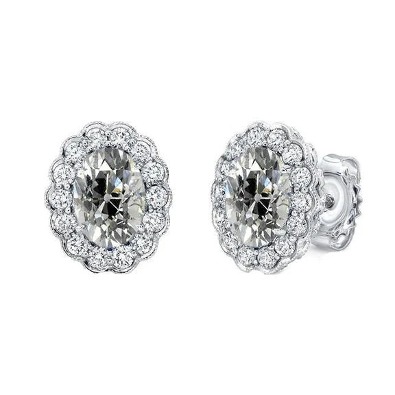 Halo Oval Old Miner Real Diamond Stud Earrings 7 Ct Flower Style Gold Backs