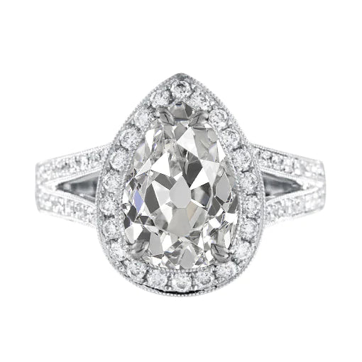 Halo Pear Old Mine Cut Real Diamond Ring 4.75 Carats Split Milgrain Shank