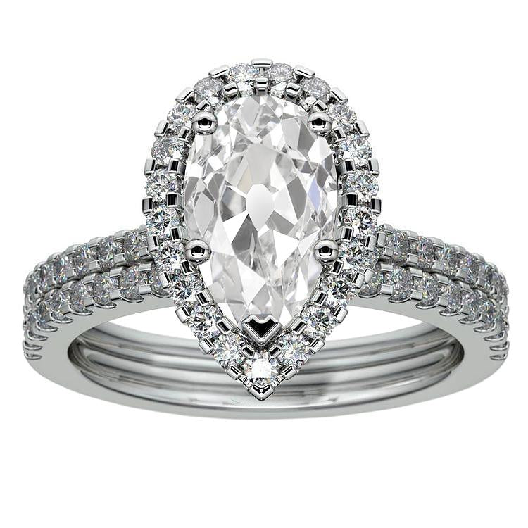 Halo Pear Old Miner Natural Diamond Engagement Ring Set 5.75 Carats Pave Set