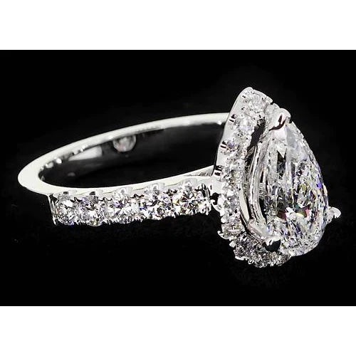 Halo Pear Real Diamond Anniversary Ring 2.75 Carats White Gold 14K