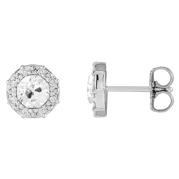 Halo Real Diamond Stud Earrings Round Old European Push Backs