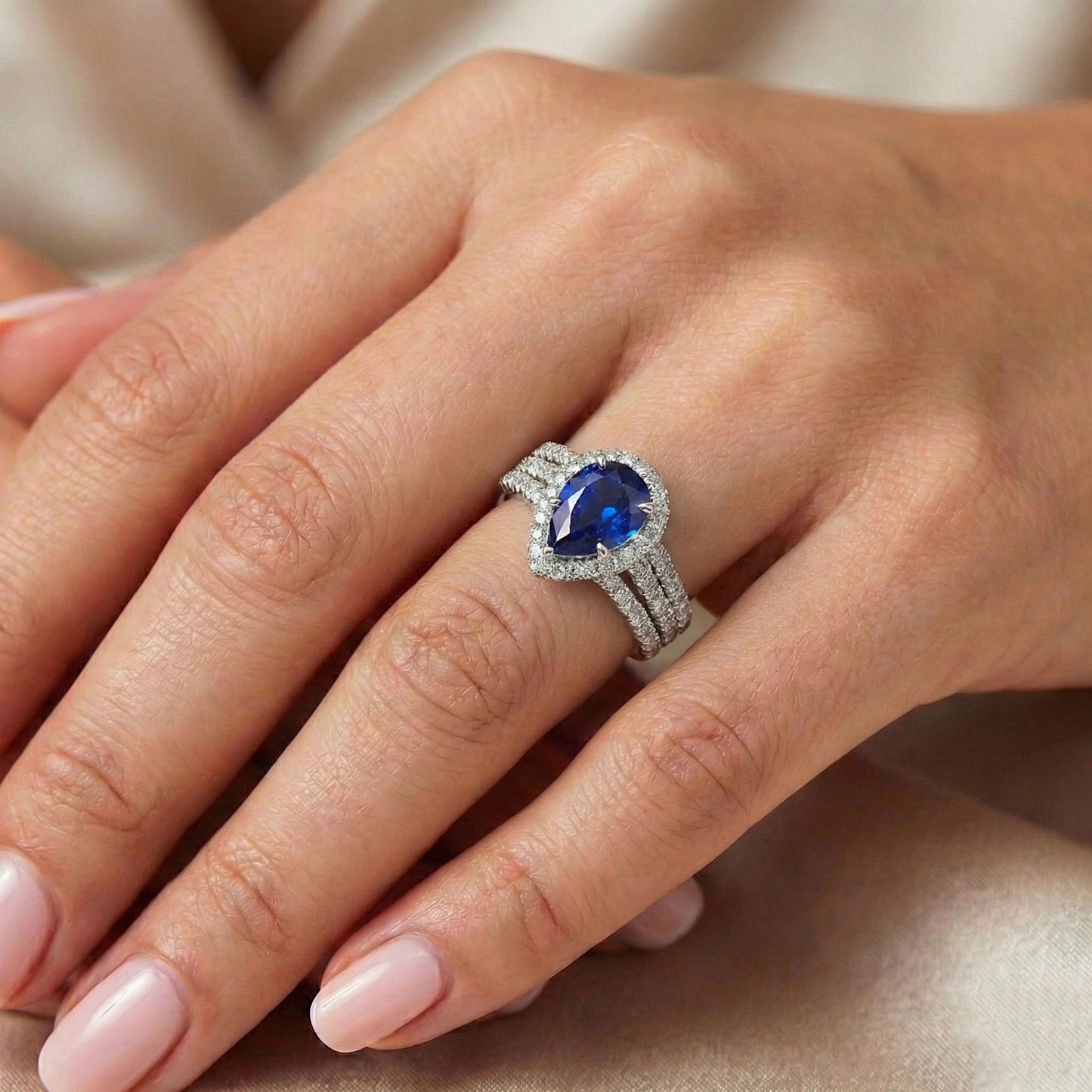 Halo Ring Prong Set Pear Blue Sapphire & Triple Shank Natural Earth Mined Diamond ( Not Lab Grown ) 5 Carats