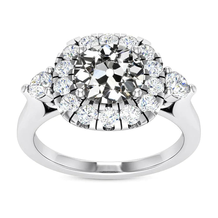 Halo Ring Round Old Mine Cut Genuine Diamond 14K White Gold 6.50 Carats