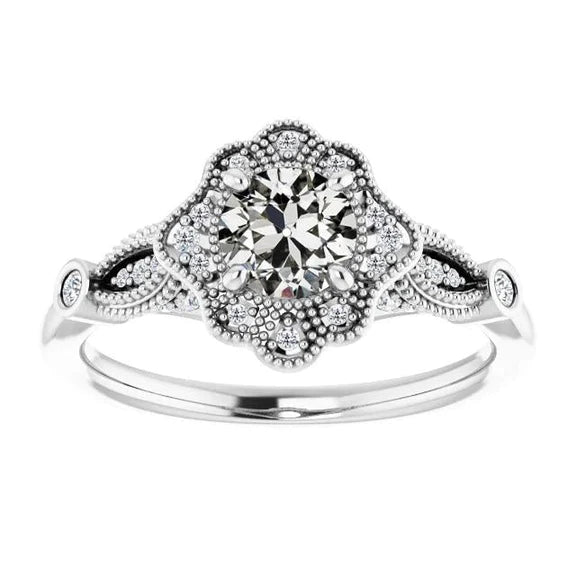 Halo Ring Round Old Mine Cut Real Diamond Milgrain Flower Style 2.50 Carats