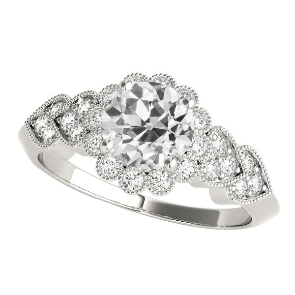 Halo Round Old Cut Real Diamond Ring Flower Heart Style 4.50 Carats Milgrain