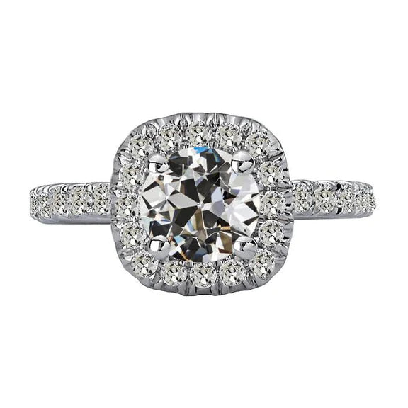 Halo Round Old Mine Cut Natural Diamond Ring Prong Set 14K Gold 6 Carats