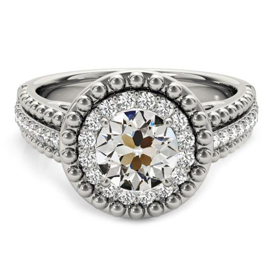 Halo Round Old Mine Cut Real Diamond Ring Beaded Style 4.50 Carats