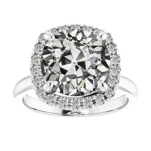 Halo Round Old Mine Cut Real Diamond Ring Prong Set 14K Gold 9 Carats