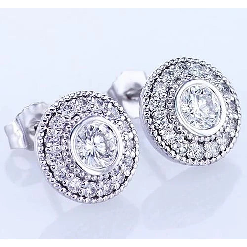 Halo Round Real Diamond Stud Earring 2.50 Carats White Gold 14K F Vs1 Vvs1