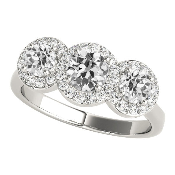 Halo Round Real Old Mine Cut Diamond Ring 3 Stone Style 6 Carats