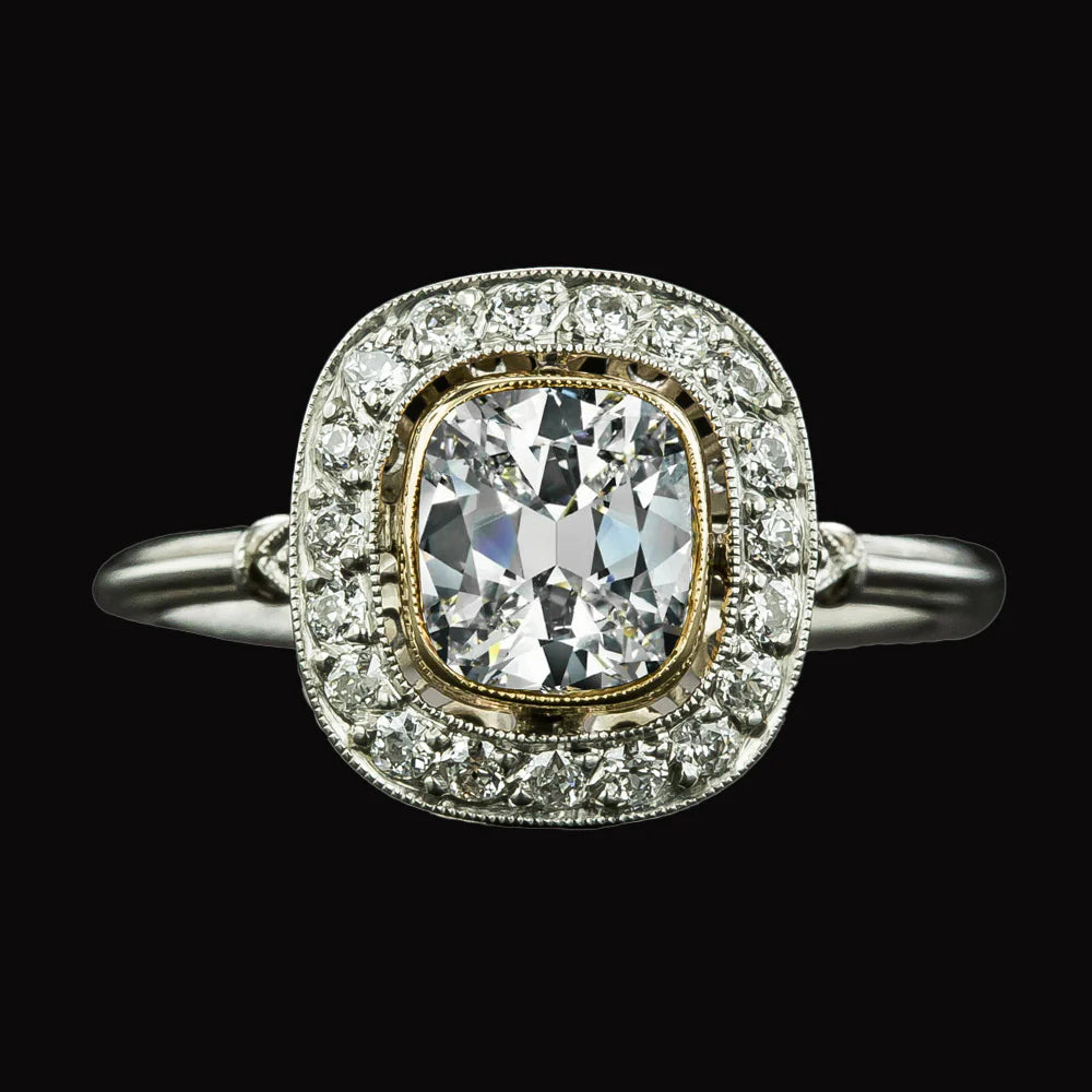 Halo Round & Cushion Old Miner Natural Diamond Ring Two Tone 4.50 Carats