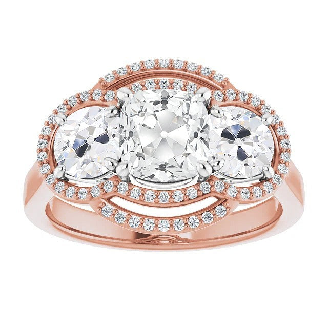 Halo Round & Cushion Real Old Cut Diamond Ring Prong Set 11.50 Carats