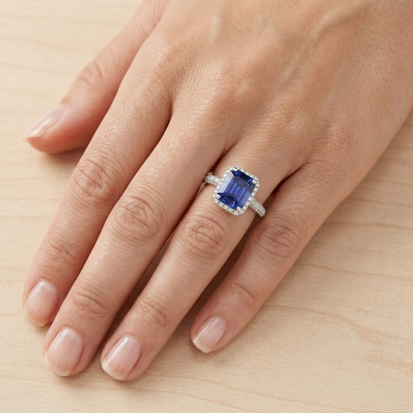 Halo Sapphire Engagement Ring Double Row Pave Set Natural Earth Mined Diamond ( Not Lab Grown )s 4 Carats