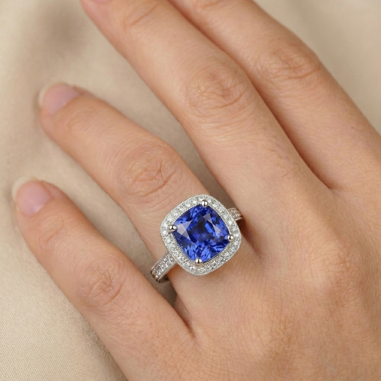 Halo Sapphire Natural Earth Mined Diamond ( Not Lab Grown ) Ring Cushion Cut