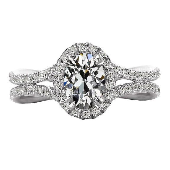 Halo Wedding Ring Oval Old Cut Natural Diamond Double Prong Set 7 Carats