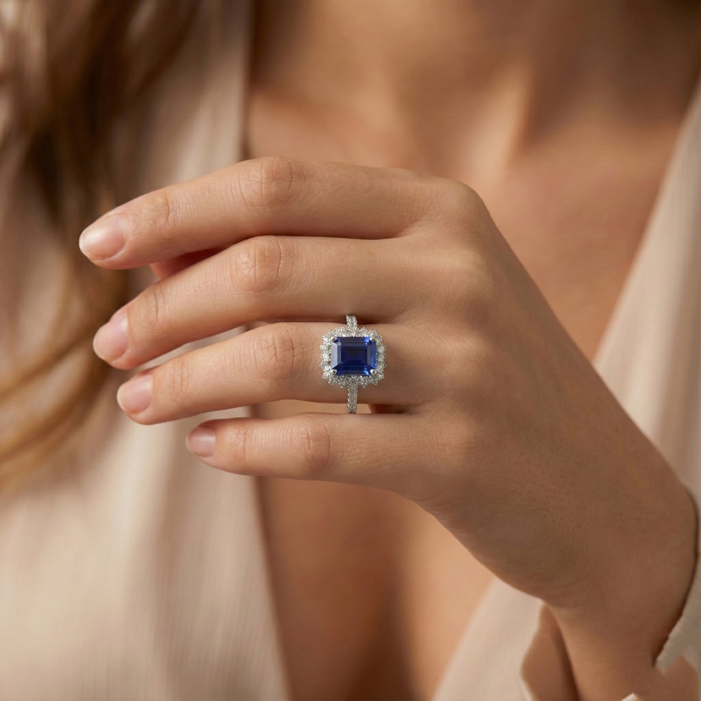 Halo Natural Earth Mined Diamond ( Not Lab Grown ) And Sapphire Engagement Ring