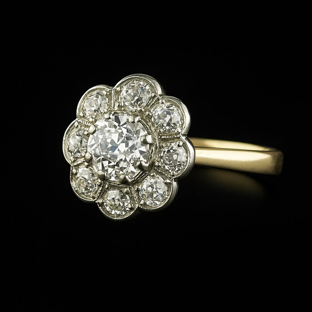 Halo Old Mine Cut Genuine Natural Earth Mined Diamond Ring Two Tone Flower Style Jewelry 3 Carats