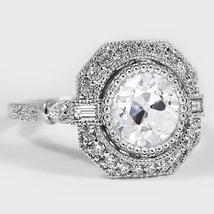 Halo Ring Baguette & Round Real Old Mine Cut Diamonds 3.75 Carats Milgrain