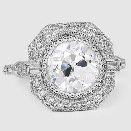 Halo Ring Baguette & Round Real Old Mine Cut Diamonds 3.75 Carats Milgrain