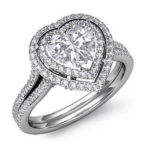 Heart And Round Double Halo Real Diamond Ring 6.55 Carats White Gold