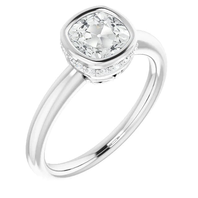 Hidden Halo Wedding Ring Cushion Real Old Mine Cut Diamond Bezel Set 5 Ct