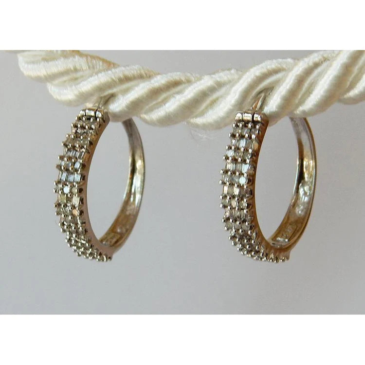Hoop Earrings Round & Baguettes Genuine Diamond White Gold 14K