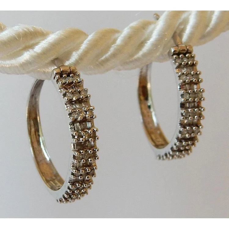Hoop Earrings Round & Baguettes Genuine Diamond White Gold 1.50 Carats