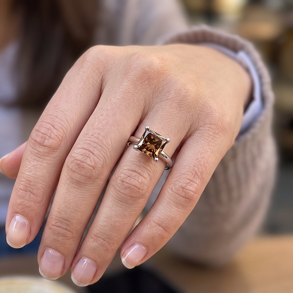 Huge Champagne Radiant Cut 3 Ct Natural Earth Mined Diamond ( Not Lab Grown ) Gemstone Engagement Ring