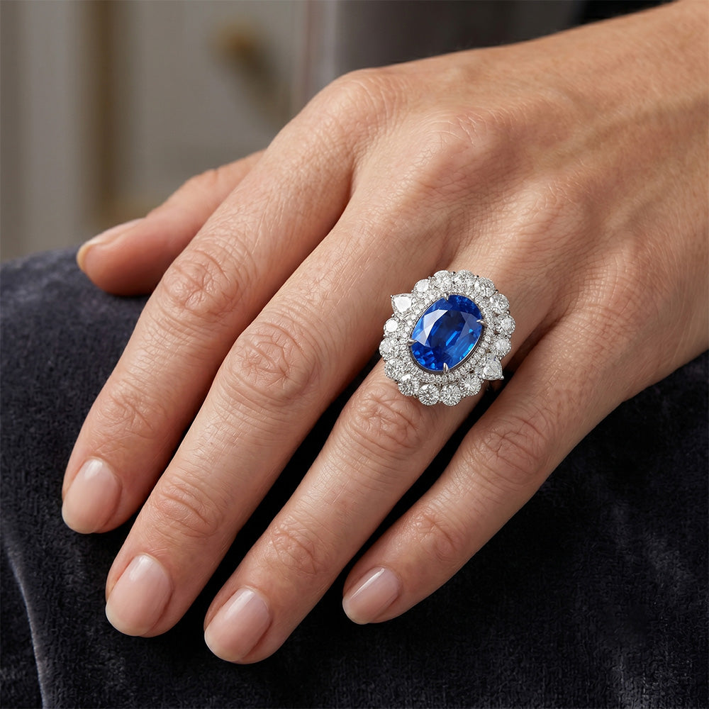 IGI CERTIFIED Huge Victorian Sapphire Halo Ring