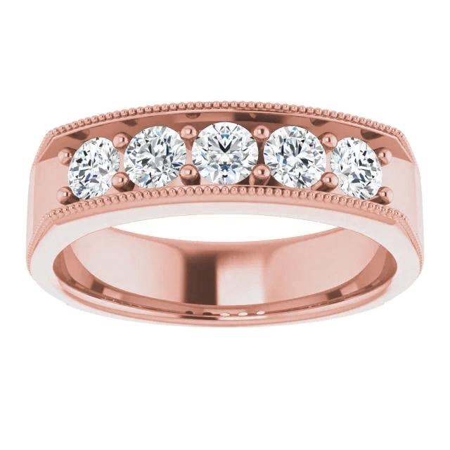 Lab Grown Diamond Comfort Fit Wedding Band 1 Ct Five Stone Milgrain Rose Gold Jewelry