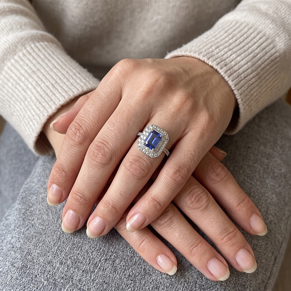Ladies Double Halo Sri Lankan Sapphire Ring & Natural Earth Mined Diamond ( Not Lab Grown )s 3 Carats