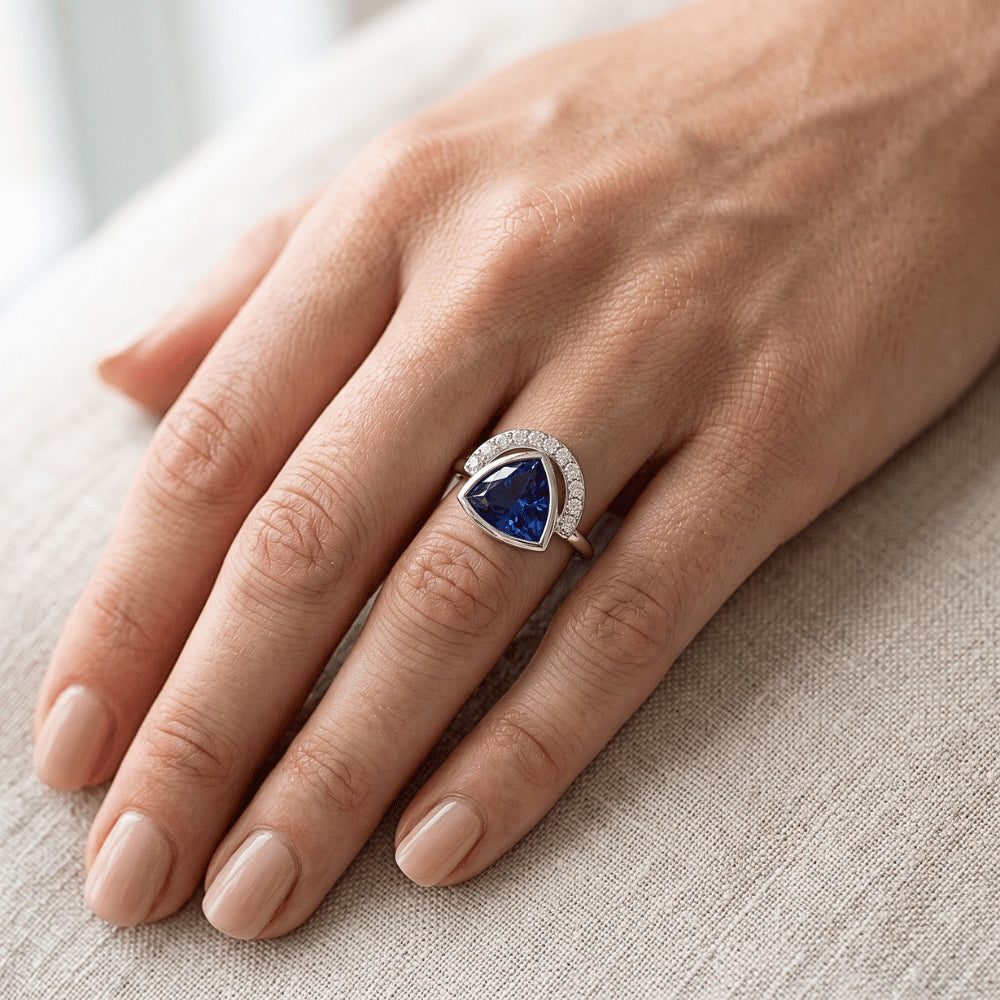 Ladies Gemstone Jewelry Trillion Bezel Set Blue Sapphire Ring 2 Carats