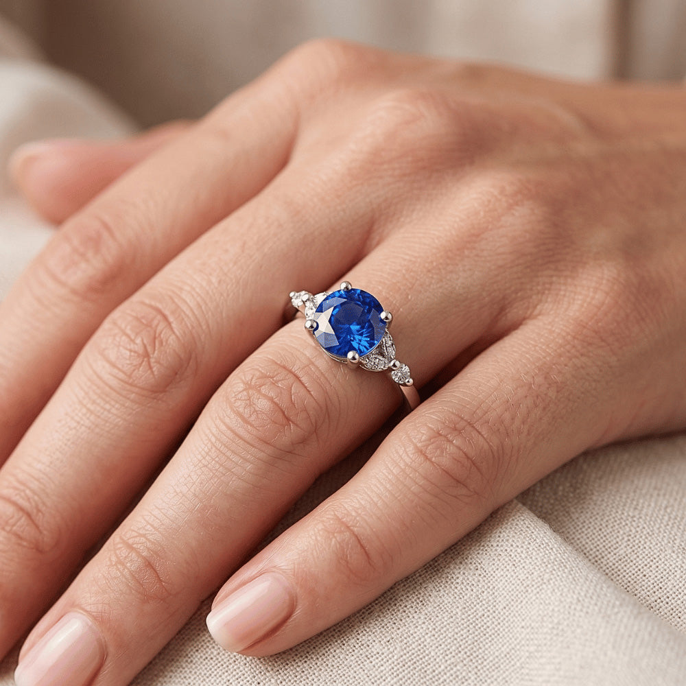 Ladies Gemstone Ring Blue Sapphire Marquise & Round Natural Earth Mined Diamond ( Not Lab Grown )s 3 Carats