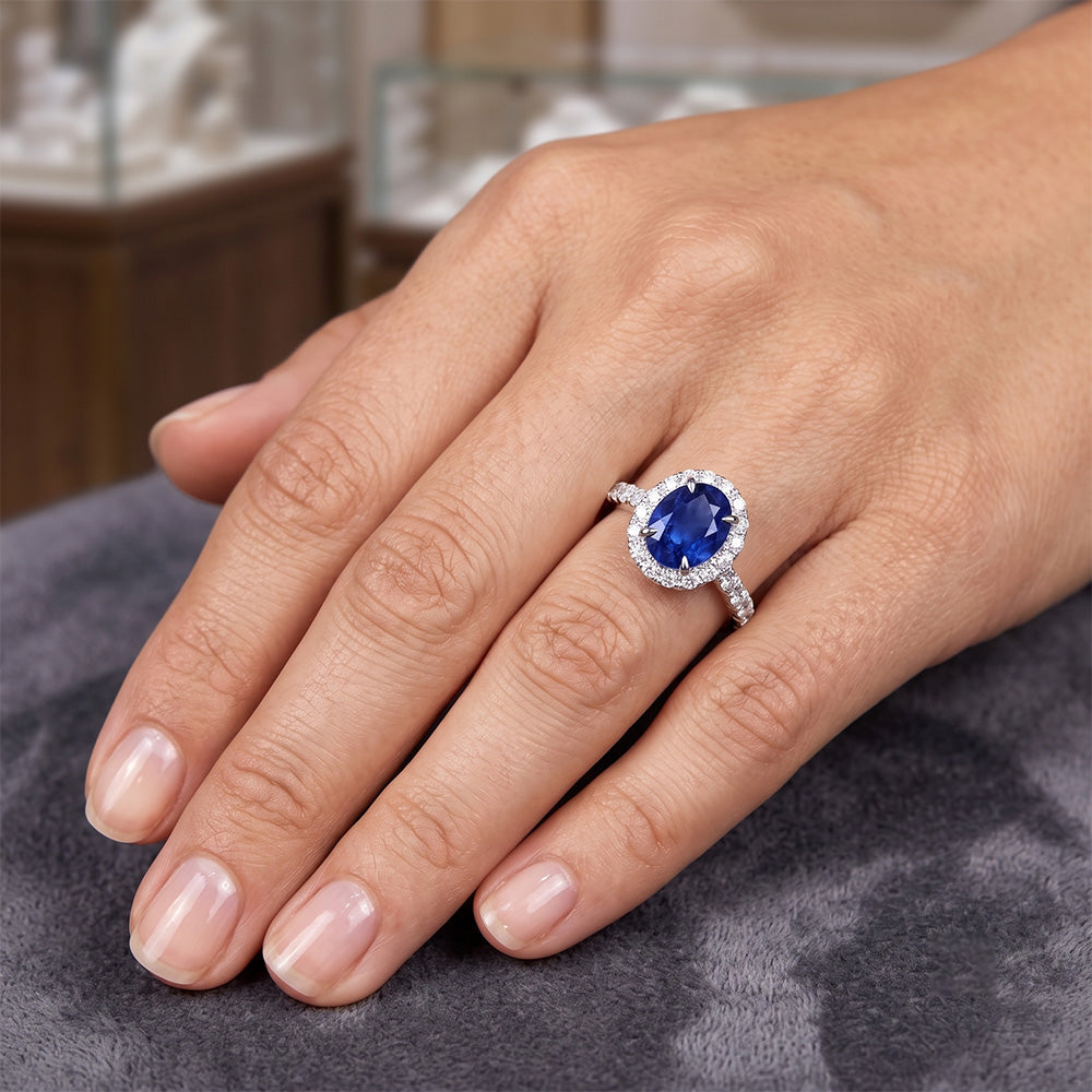 Ladies Halo Sri Lankan Sapphire & Pave Set Natural Earth Mined Diamond ( Not Lab Grown ) Ring 5.50 Carats